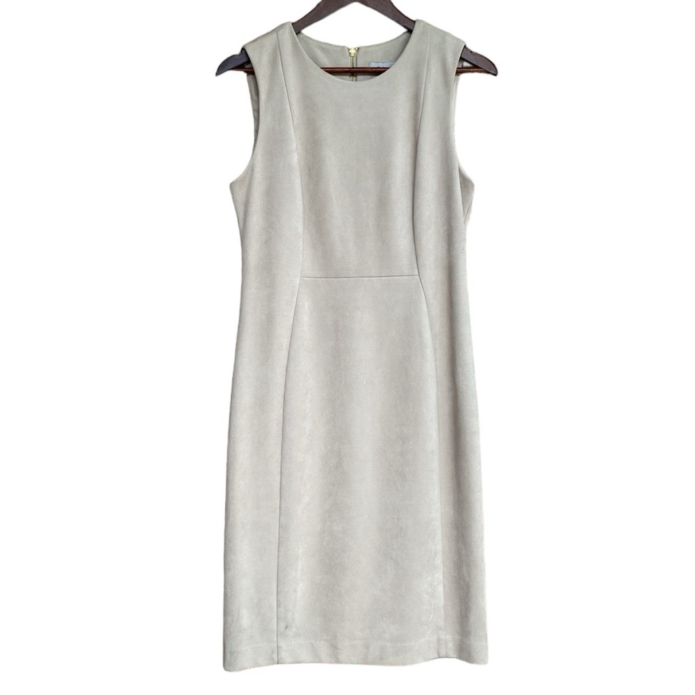 CALVIN KLEIN beige sleeveless faux suede fitted sheath dress size 10